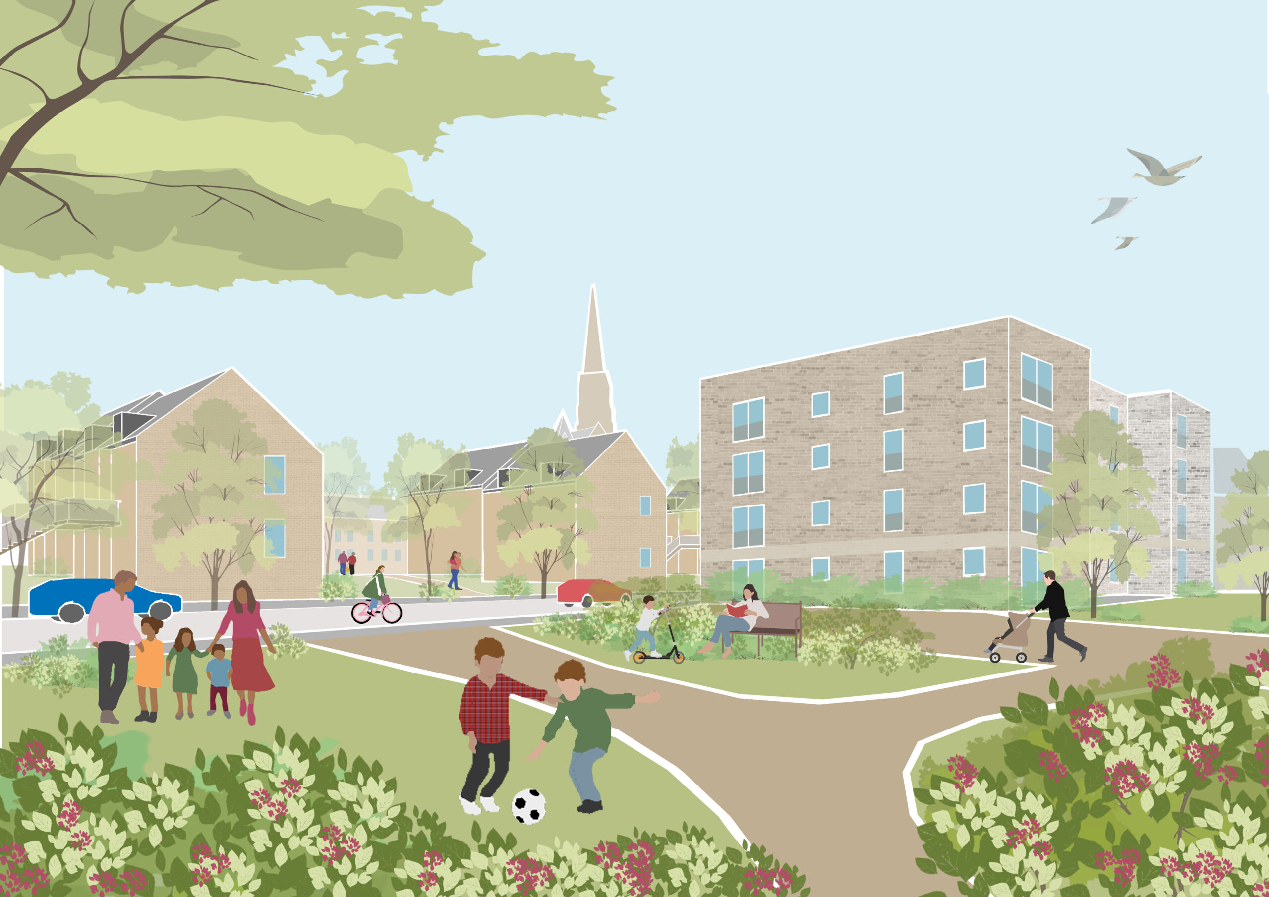 Artist’s impression of the proposed view from the central community space looking towards Hunter Street<br />
